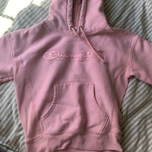 pink daisy logo reverse weave champion hoodie